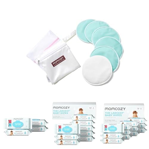 Bundle of Momcozy Reusable Nursing Pads, 6 Pack and Baby Wipes