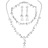 Elegant Floral Wedding Jewelry Sets for Brides, Sparkling Cubic Zirconia Wedding Necklace Earrings Bracelet Set, Silver Leaf Vine Pendant Bridesmaid Jewelrys Set for Weddings Party Brides Bridesmaid