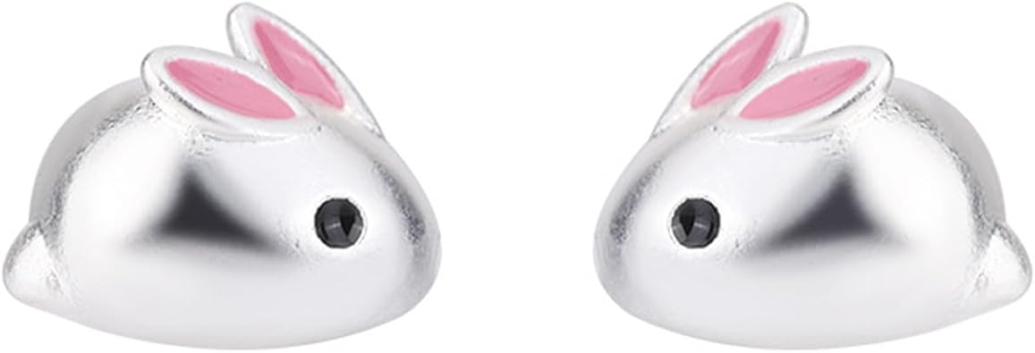 Rabbit Small Earrings S925 Sterling Silver Cute Pink 3D Bunny Hare Animal Pet Minimalist Tiny Stud Earrings for Women Easter Day Spring Holiday Birthday Party Trendy Jewelry Gifts