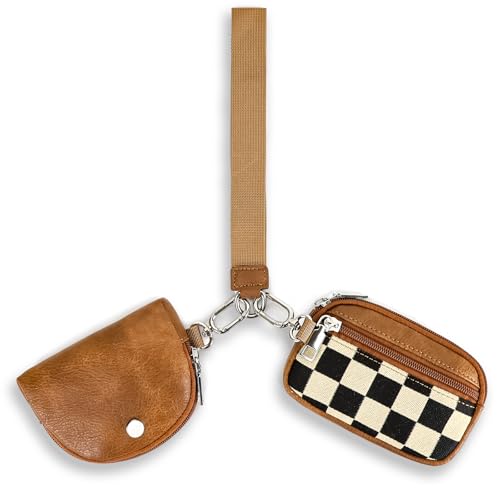 Checkered Dual Pouch Keychain Wallet for Women, Small Mini Zip Leather Coin Purse with Wrist Strap,wristlet hangbags,Brown