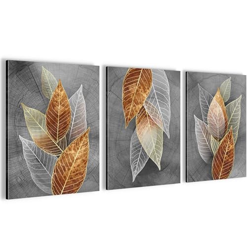 Novart Wandbilder Set Abstrakt Blätter - KOMPLETT AUFHÄNGFERTIG - Wohnzimmer Schlafzimmer Flur Deko - 3 Moderne Bilder Grau - N035435b