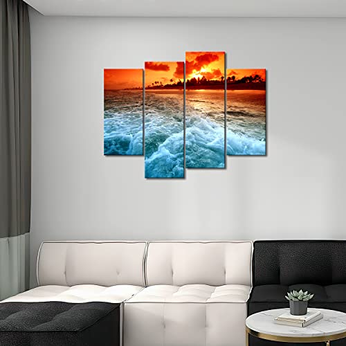 Beach Sunset In Hawaii Wall Art Painting On Canvas Artwork 4 Pieces Hawaiian Tropical Seascape Poster Prints With Frame For Home Living Room Or Office Decoration #TOP1