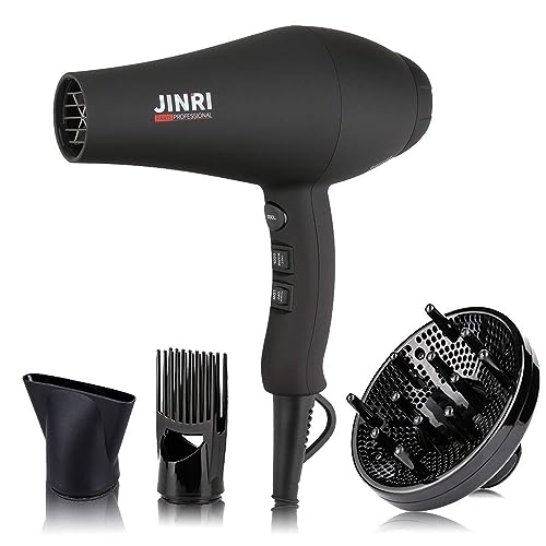 JINRI Ionic Hair Dryer with Diffuser & Comb and Concentrator, Lightweight Quiet Infrared Blow Dryer, Powerful 1875 Watt Motor for Smooth and Fast Drying Hair, Black