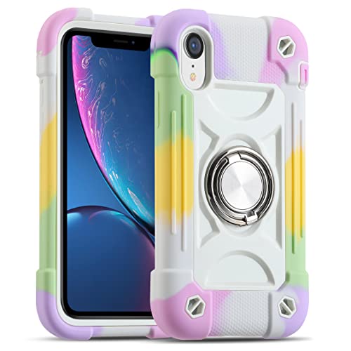 Image of MARKILL Compatible with iPhone with Built-in 360Rotating Ring Stand, Military Grade Drop Protection Full Body Rugged Heavy Duty Case Durable Cover (Rainbow White, iPhone XR 6.1 inch)
