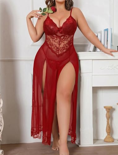 Image of Alrovetoney Plus Size Lingerie For Women Babydoll Sexy Mesh Maxi Nightdress Exotic Sleepwear Side Slits