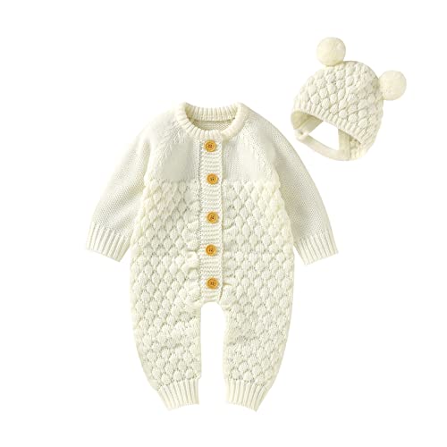 Image of Newborn Baby Boy Girl Winter Clothes Knitted Sweater Romper Crewneck Solid Color Jumpsuit Hat Infant Fall Outfit