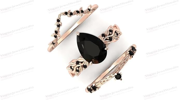 1CT-6CT Unique Black Onyx Bridal Ring Set Art Deco Pear Shaped Black Gemstone Engagement Ring Set for Women Antique Wedding Band with Promise Ring Art Deco Anniversary Ring Set