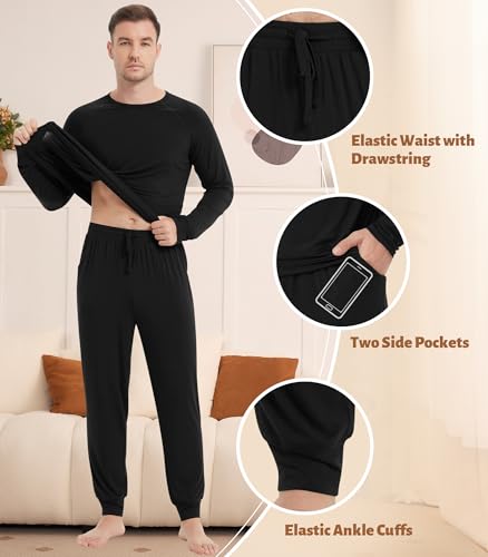 Image of NACHILA Mens Pajamas Set Long Sleeve Henley Sleepwear Top Soft Jogger Pants Pajamas Cool Pjs Set,Viscose Made from Bamboo