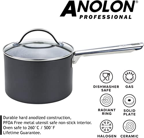 Anolon Professional Non Stick Pots And Pans Set Of 5 - Cookware Set With Milkpan, Saucepans With Toughened Glass Lids & Frying Pan, Oven & Dishwasher Safe Cookware, Black #TOP4