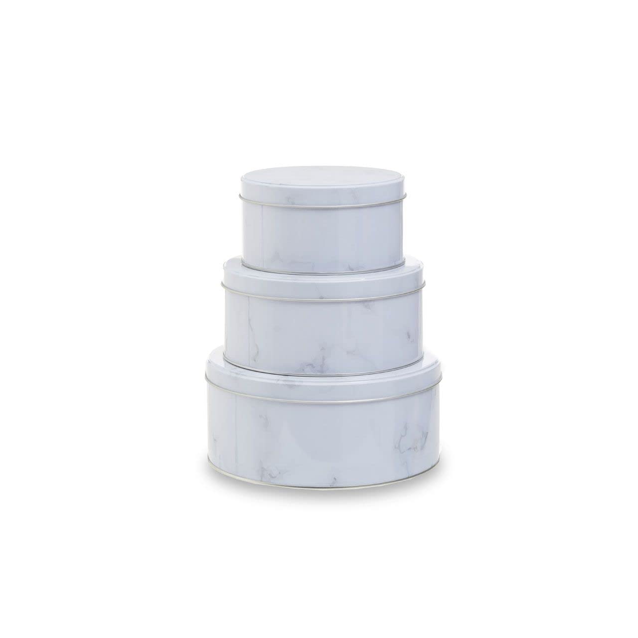 White Marble Effect Storage Tins Set of 3 - Nesting Metal Round Containers with Lids - Kitchen Organisation for Cakes, Snacks, Bakes