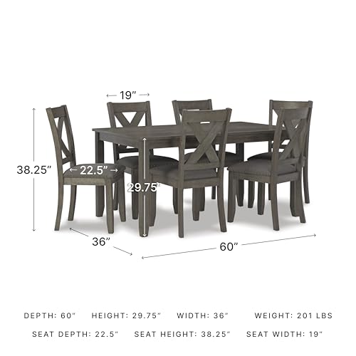 Image of Signature Design by Ashley Caitbrook 7-Piece Dining Set, Gray Wash | Acacia veneer & engineered wood, X-back cushioned chairs, 36x60 inch footprint, Nailhead trim accents