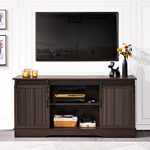 Yaheetech Tv Stand For Tvs Up To 65" With Sliding Barn Door, 58'' Farmhouse Media Entertainment Center Storage Tv Console Table With Adjustable Shelves For Living Room, Dark Walnut #TOP1