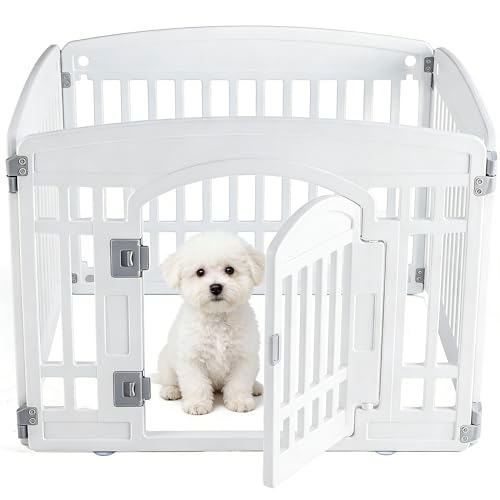 Image of Sweetcrispy Plastic Dog Playpen - 4-Panel 24 inch Expandable & Durable Pet Fence for Medium Dogs - Indoor & Outdoor Portable Puppy Playpen with Secure Locking Door - Morden White
