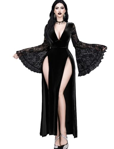 InGoticos Women Gothic V Neck Sexy High Slit Witch Sleeve Lace Contrast Dark Goth Dress Black