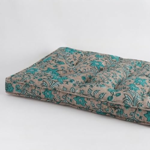 Image of Low Seating Floor Cushion 70 x 110 cm with 2 Back Support Cushions | Thick Quilted Cotton Floor Mattress Pad for Sitting, Meditation, Yoga & Living Room Floor Seating (Mustard Rust Floral)