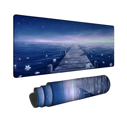 Dock Großes Mauspad, Serene Coastal Water Flowers Summer Blue Rubber Smooth Extended Table Mousepad Accessories for Office Home Computer Laptop 12x32 Inch