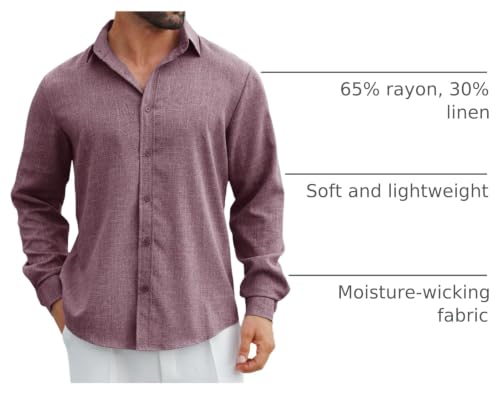 MAPICK Mens Linen Shirts Lightweight Wrinkle Free Travel Long Sleeve Shirts Loose Fit Button Down Shirts(Dark Purple,Large) — view 4
