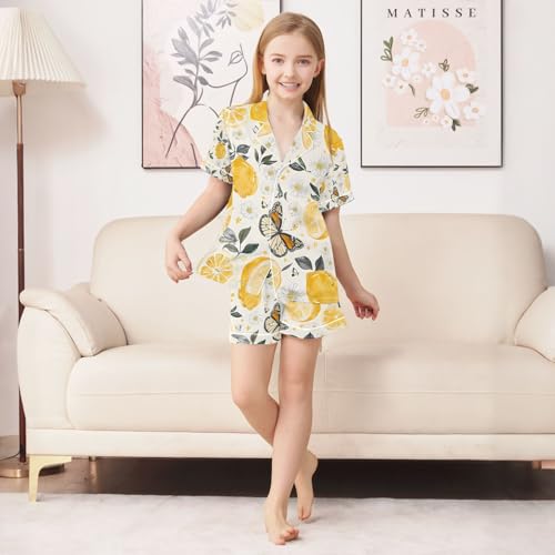 senya Lemon Flowers and Butterflies Satin Summer Pajama Sets Silk Short Sleeve Button Down Sleepwear4