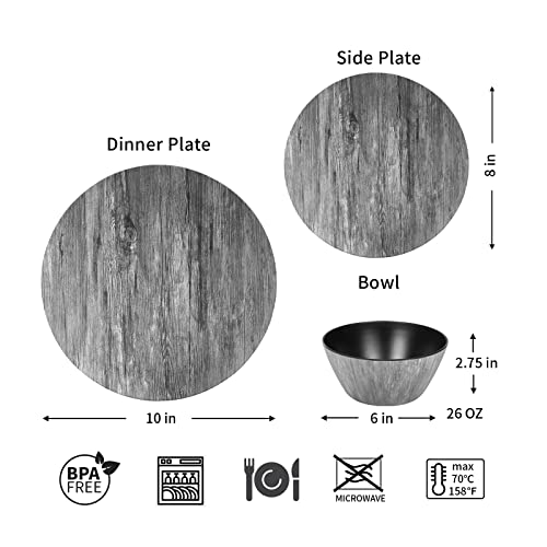Plates And Bowls Set - 12Pcs Melamine Dishes Dinnerware Set, Service For 4, Nonstick For Kitchen,Outdoor/Indoor Use,Wood Grain Pattern #TOP1