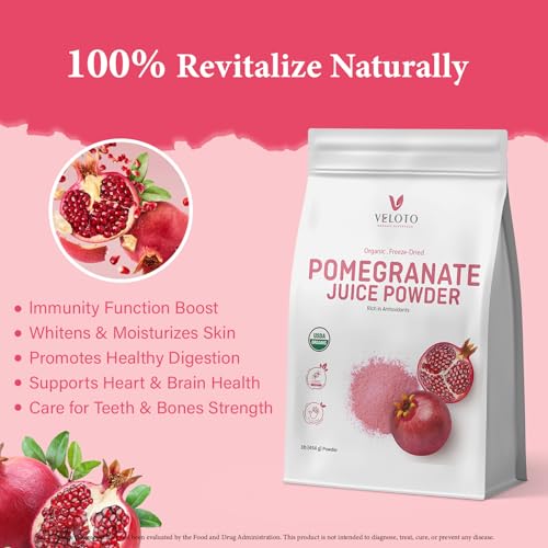 VELOTO Organic Pomegranate Juice Powder, Pure Pomegranate -Fruit Freeze Dried Powder, Natural Vitamin C Vegan Sweetener Superfoods for Smoothies, Yogurt & Shake, Gluten Free, Non GMO, 1 lb
