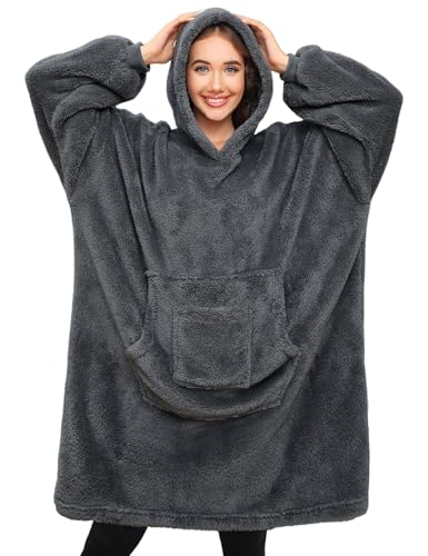 Tuopuda Felpa Donna Oversize Con Cappuccio Sweatshirt Maglione Pigiama Coperta Manica Lunga in Pile Regalo Natale Felpone Felpata Calda Taglia Unica, Grigio-Grandi