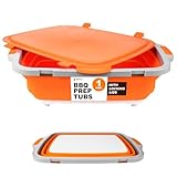 Drip EZ Collapsible BBQ Prep Tub - For Meal Prep Marinating Food Storage - Includes Cutting Board & Locking Lid - (1) XL - Orange