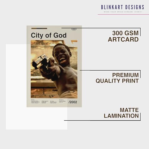 Image of BLINKART City Of God (2002) Movie Poster Frame 8x12 Inch | Premium 300 GSM Paper Wall Print | Mid Century Vintage Film Artwork for Home, Bedroom, Living Room, Office | Framed Photo Decor
