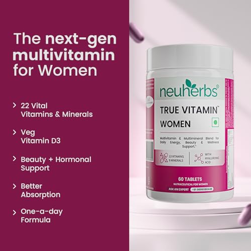 Image of Neuherbs Multivitamin Tablets for Women 60 Count | True Vitamin Women Multivitamin with Vitamin C, B12, D, Iron, Zinc & Magnesium | Supports Energy, Skin, Hair & Overall Health