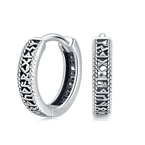 Viking Earrings for Men Women, Norse Viking Hoop Earrings Rune Hollow-Carved Design 925 Sterling Silver Huggie Hoops Earrings Jewelry Gift