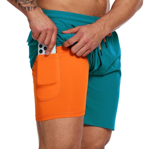 YOUPHYIMAI Badehose Herren Lang mit Kompression 2 in 1 Atmungsaktiv Badeshorts Männer Elastisch Trainingsshorts Verstellbar Tunnelzug mit Kompression Liner