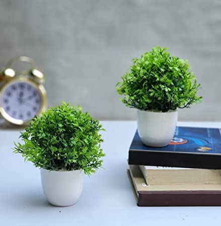 Set of 2 Small Size Great for Home Or Office Decoration or Birthday Gift, Table Top Bonsai Artificial Plant with Wooden Pot Bonsai Artificial Plant with Pot (12 cm, Green)