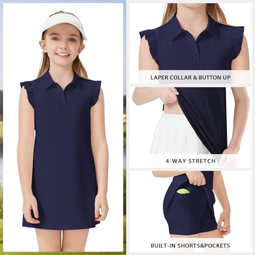 Soneven Girls Sleeveless Tennis Dress Kids Ruffle Golf Dress School Sports Athletic Dresses Outfit with Shorts Pockets2