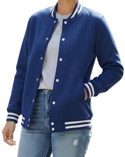 WINJEET Blue Varsity Bombers Jackets For Women - Fashion Baseball Jacket [104002005] Solid Royal Blue, XL