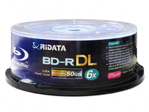 RiDATA BD-R DL Dual Layer Blu-ray Recordable Blank Disc, 50GB, 6X Speed, Logo Branded Surface, 25 Pack Spindle
