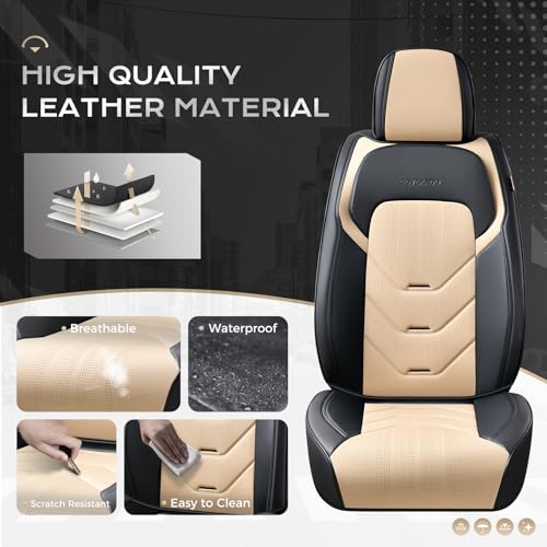 Image of Coverado Front Seat Cover, Black&Beige Seat Cover for Cars, Waterproof Leather Car Seat Cover, Front Car Seat Protector Driver Seat Cover, Car Seat Cushion Universal Fit for Most Sedans SUV Trucks