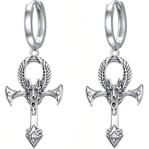 PROESS Ankh Boucles d'oreilles croix en argent sterling 925 Boucles d'oreilles Anubis Hoop Bijoux égyptiens Cadeaux chrétiens pour hommes femmes, Argent sterling