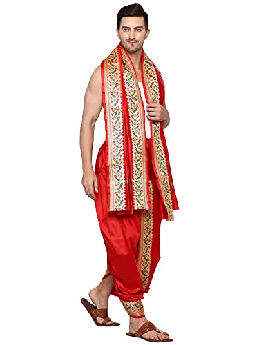 Rameshwaram Fabrics Peacock Border Indian Wedding Dress Dhoti for men, Readymade Ready to Wear Stitched Dhoti with Stole4