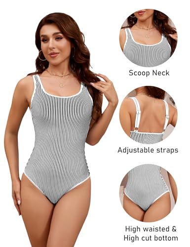Image of BMJL Women's One Piece Swimsuit Sports Adjustable Strap Bathing Suit Color Block Ribbed High Cut Swimsuits