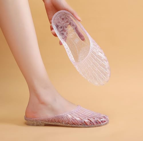 Image of Womens Jelly Shoes, White Jellies Sandals Glitter Clear Flats Slip On Summer Beach Slippers Transparent Closed Toe Soft Slide