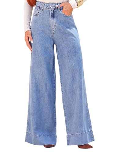 Calça Pantalona Jeans Feminina, Azul Claro, Wide Leg, Cintura Alta, Modelagem Fluida, Estilo Casual e Elegante (BR, Numérico, 42, Regular, Regular)