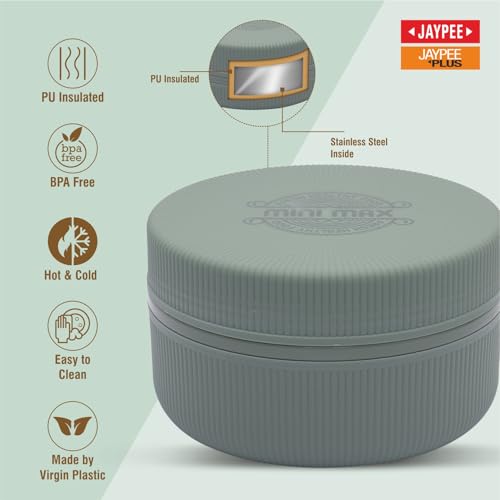 Image of JAYPEE Mini Max Lunch Box for School, Office, Ideal for Snacks and Meal, Keeps Food Hot & Fresh Insulated Stainless Steel Inner with Plastic Dish Inside for Office, College and Picnic, Green, 500 ml