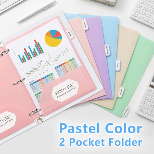HOUYEE 12 Pack Plastic Folders with Pockets 3 Hole Punched, 2 Pockets File Folders for 3 Ring Binder, with 2 Business Card Slot, 1/6 Cut Tabs & Labels, for Letter Size, School Office Home Bussiness - Thumbnail 6