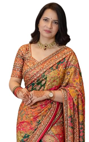 Image of Printed Chinon Silk Saree with Zari Woven Mirror Work and Unstitched Blouse Piece for Women Traditional Party Ethnic Wear Saree
