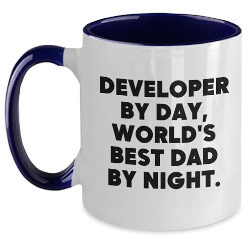 Developer By Day, World's Best Dad By Night. Funny Two Tone Coffee Mug, Gifts from Dad to Developer, Birthday Unique Gifts for Developer