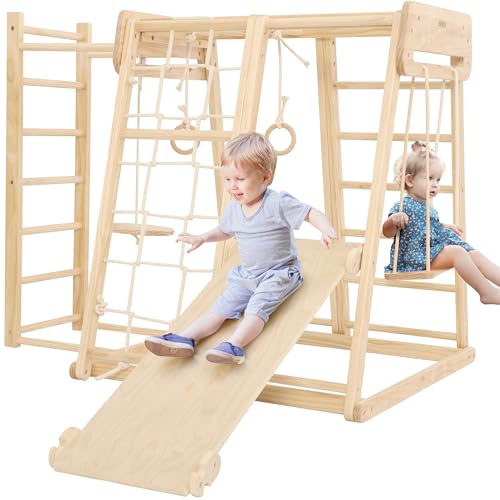 Belleur 8 in 1 Indoor Jungle Gym for Kids 1-6, Wooden Indoor Playground with Slide & Swing, Montessori Climbing Set with Climbing Net & Monkey Bars