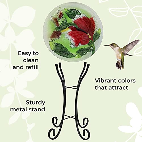 Grateful Gnome Hand-Painted Glass Bowl Bird Bath W/Solar Fountain - Red Ruby Flower Design #TOP2