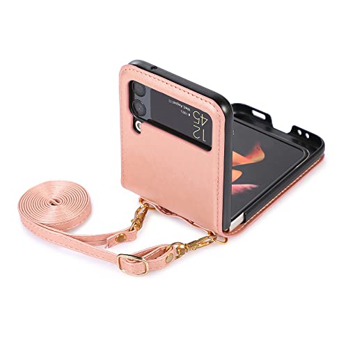 Coque Samsung Z Flip 4 lanière rose étui cuir fente carte Galaxy Z Flip3