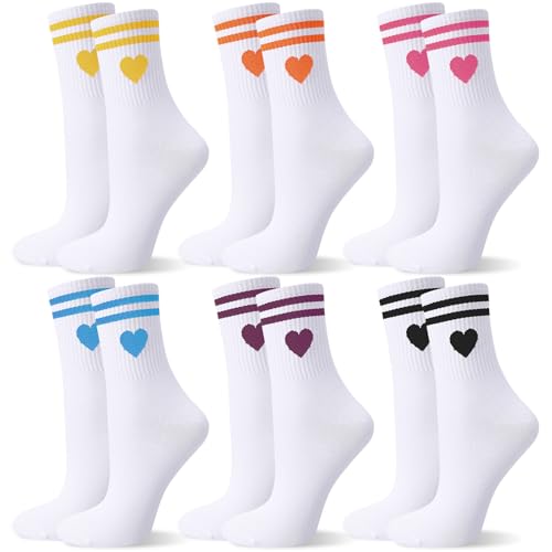 Utensilsto - Utensilsto 6 Paar Socken Damen 39-42 Tennissocken Weiß Socken mit Herz Streifen Motiv Sportsocken Baumwollsocken für Tennis Lauf Sport, Lustige Geschenke für Frauen - -15%
