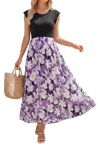 Image of OUGES Women's Maternity Dress Summer Ruffle Sleeve Patchwork Casual Flowy Maxi Dresses with Pockets