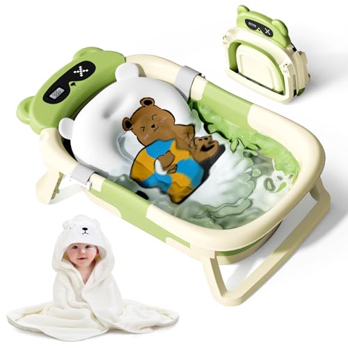 Image of Kerbwry Collapsible Baby Bathtub for Newborn to Toddler (0-18 Months) - Foldable Baby Bath Tub with Soft Towel, Newborn& Infant Bathtub for Travel and Outdoor, Green